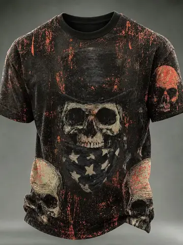 Men Vintage Distressed Cowboy Skull Print T‑Shirt Retro Grunge Bandana Graphic O‑Neck Short Sleeve Halloween Streetwear Tee Tops