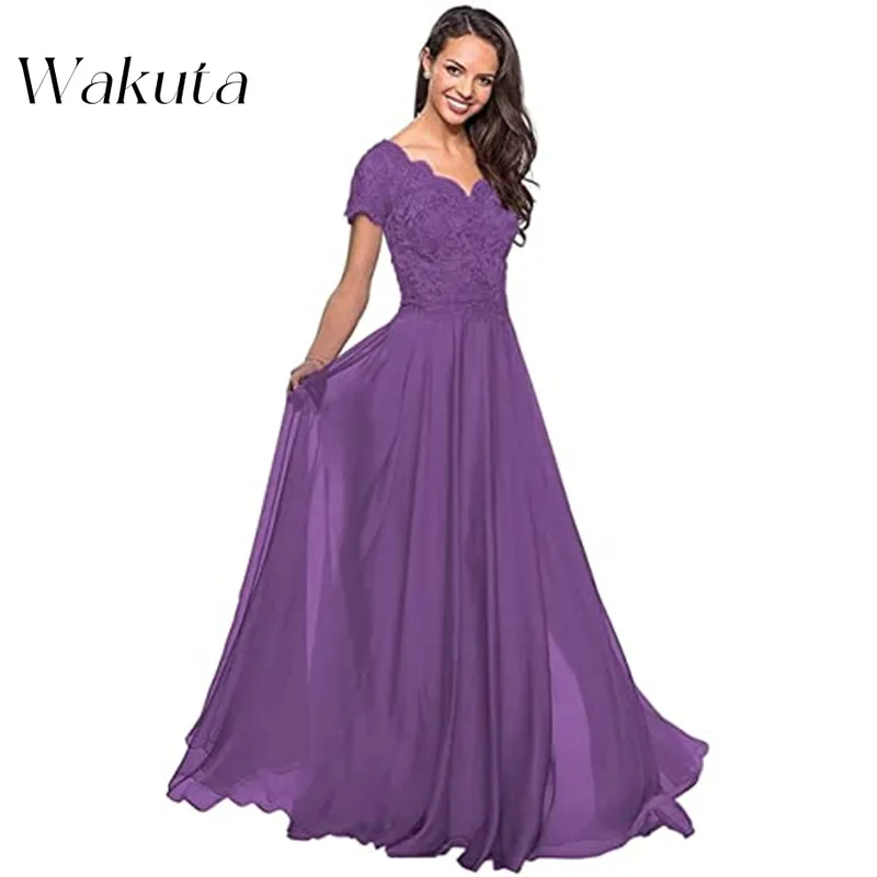 Wakuta-vestido de noche elegante con cuello en V para mujer, vestido de boda de manga corta con tirantes adelgazantes, estilo Presidente de banquete, Oriente Medio