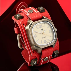 Vintage Rivets Genuine Leather Men Quartz Watch with Hand Stitched Wide Leather Strap Punk Hip Hop Style