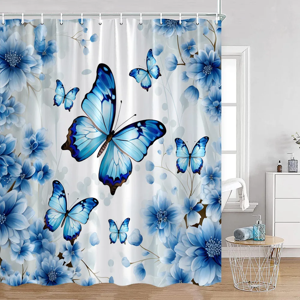 Blue Butterfly Shower Curtains Romantic Purple Floral Watercolour Art Bath Curtain Set Fabric Bathroom Bathtub Decor with Hooks