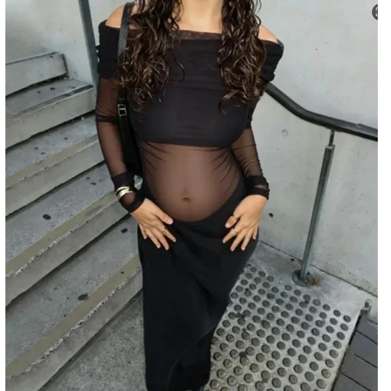 Sheer Lace Maternity Dress, Off Shoulder Long Sleeve Bodycon Maxi Gown for Pregnancy Photoshoot and Baby Shower