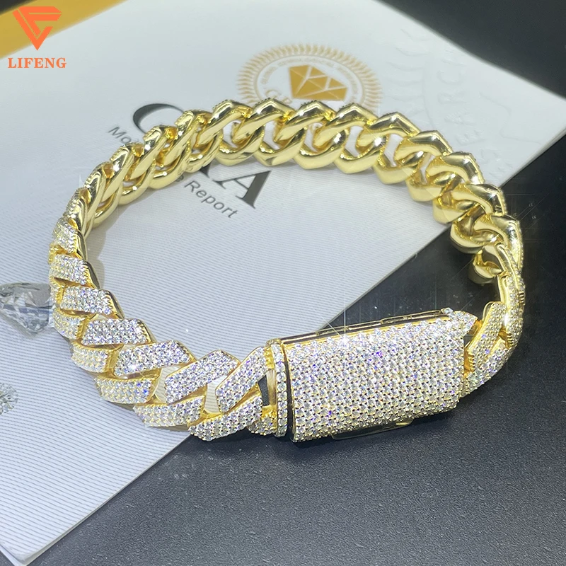 Luxury High Quality Bracelets 14MM 3 Row Diamond Iced Out 925 Sterling Silver Hip Hop Moissanite Cuban Link Chain Bracelet