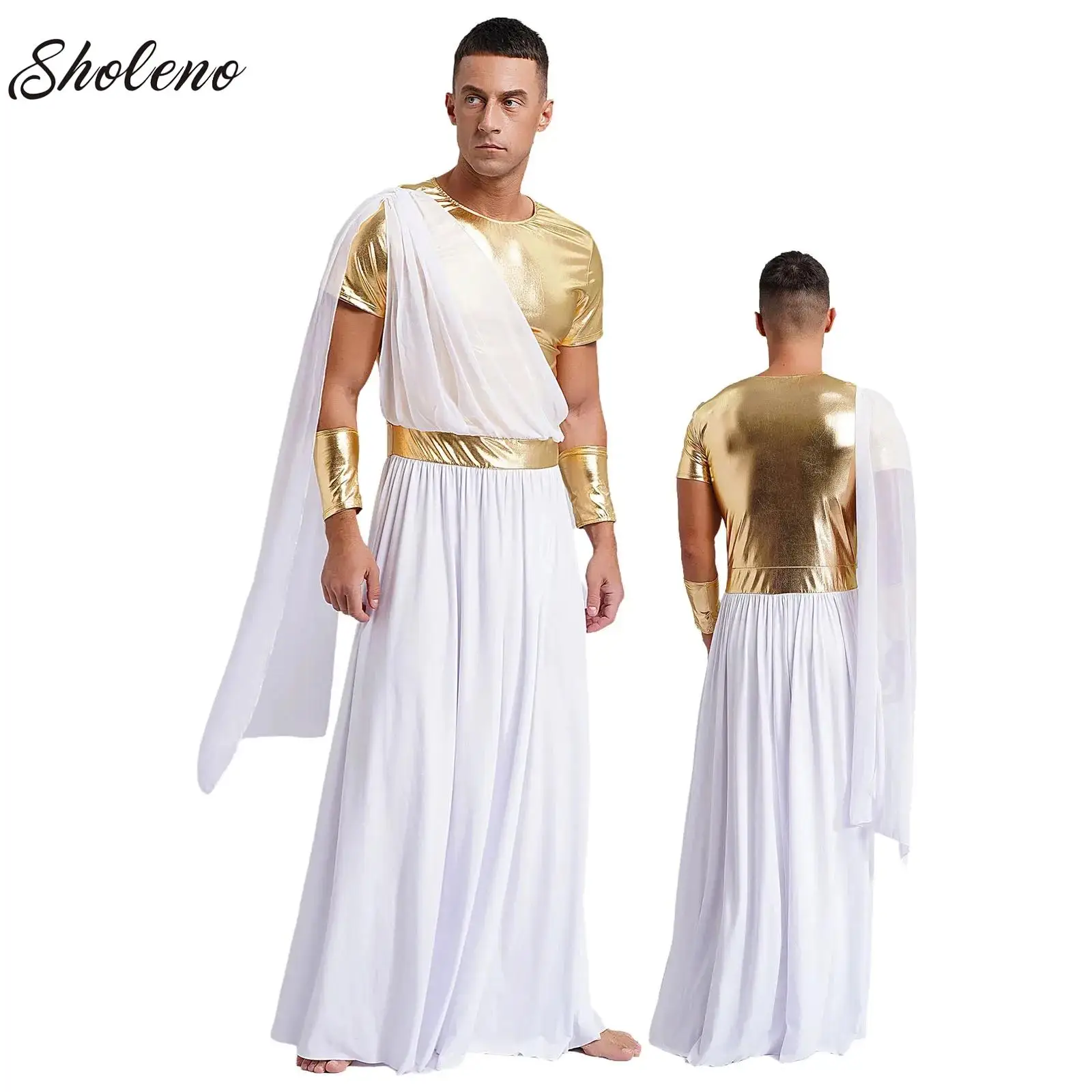 

Men Ancient Greek God Toga Gladiator Costumes Roman Emperor One Shoulder Sleeveless Tunic Robe Halloween Medieval Warrior Outfit