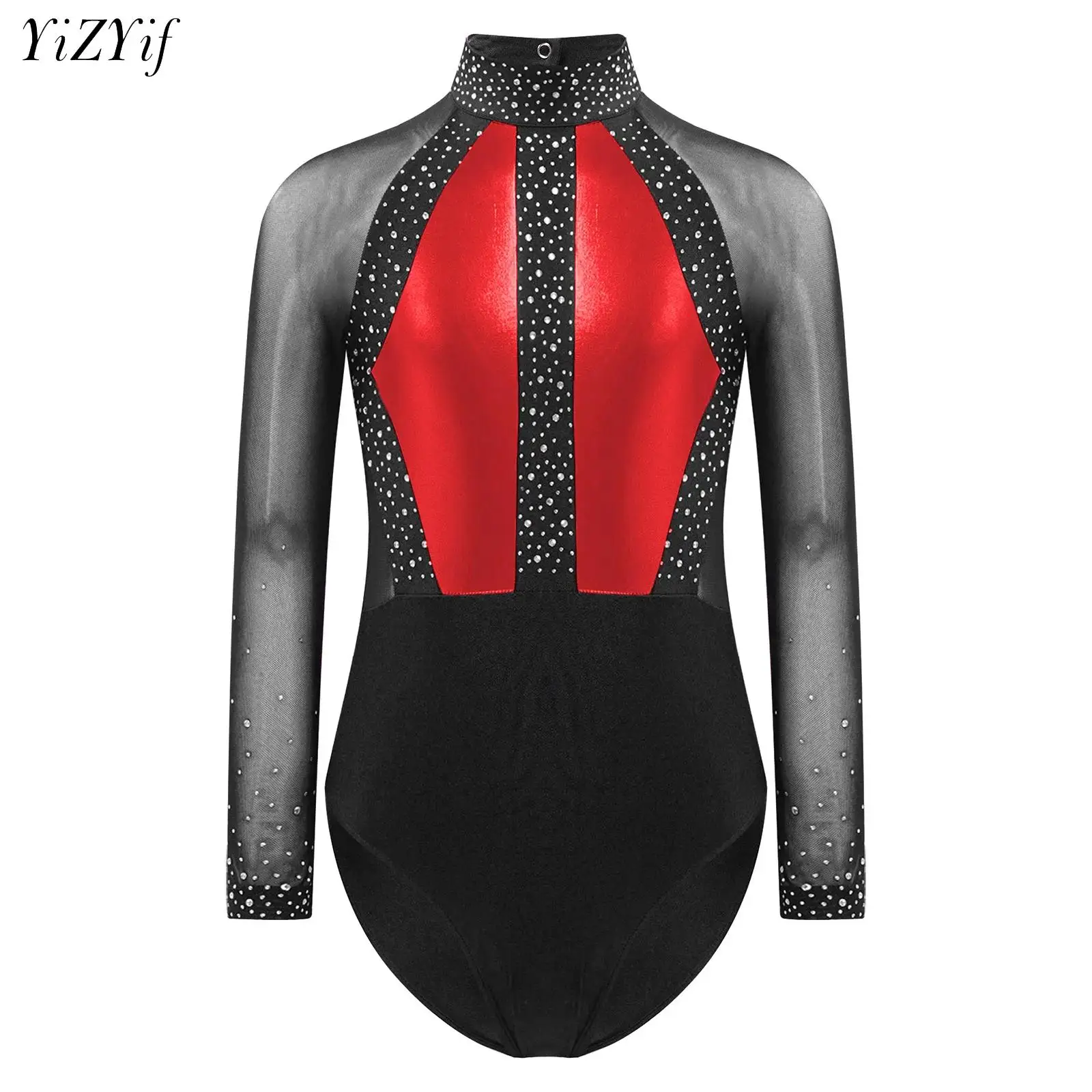 

Kids Girls Shiny Rhinestones Leotard Color Block Patchwork Mesh Long Sleeve Bodysuit for Gymnastics Ballet Dance Figure Skating