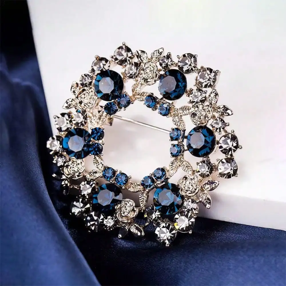 Gold-Toned Wreath Brooch - Dark Blue Crystals, Gold Rose & Leaf, Intricate Openwork Design, for Daily, Ideal for Gift