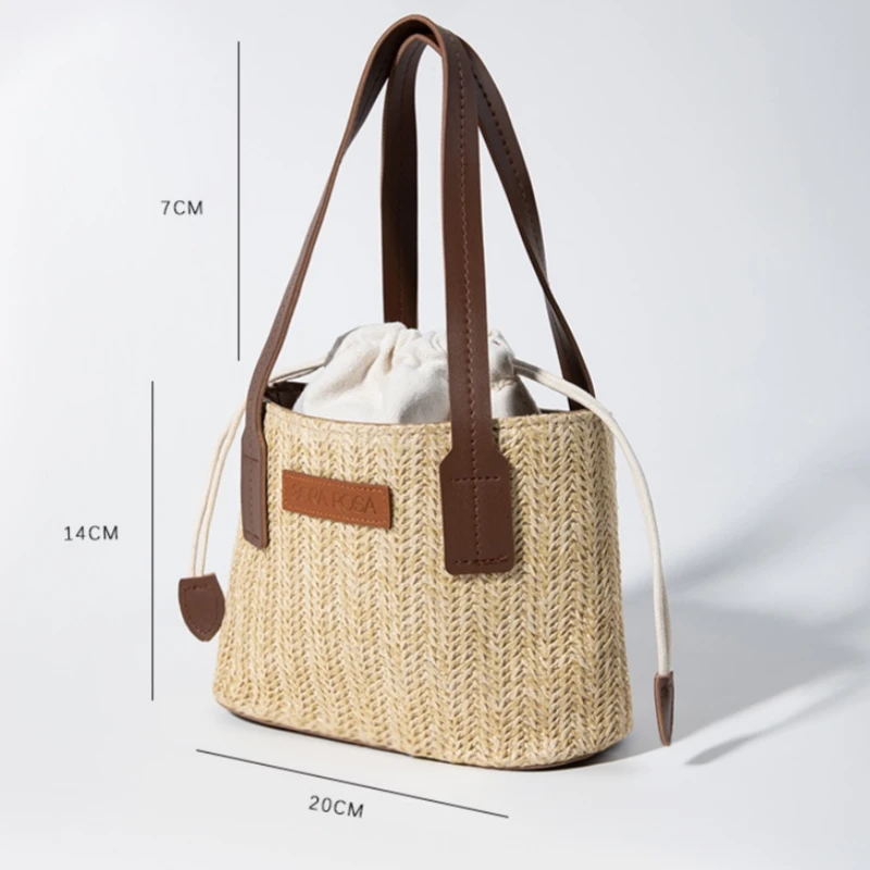 Meet You Summer Woman Straw Braided Bucket Bag Casual  Drawstring HandBag Weekend Vacation Beach Bag Small Tote Purses Crossbody