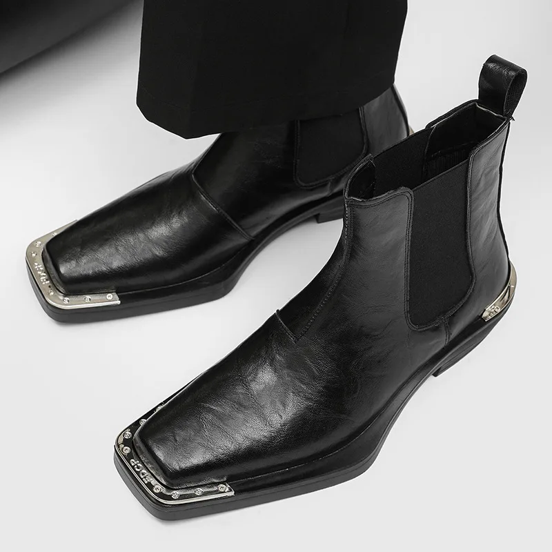 England style men's casual punk hip hop high chelsea boots black designer square toe shoes cowboy natural leather ankle botas