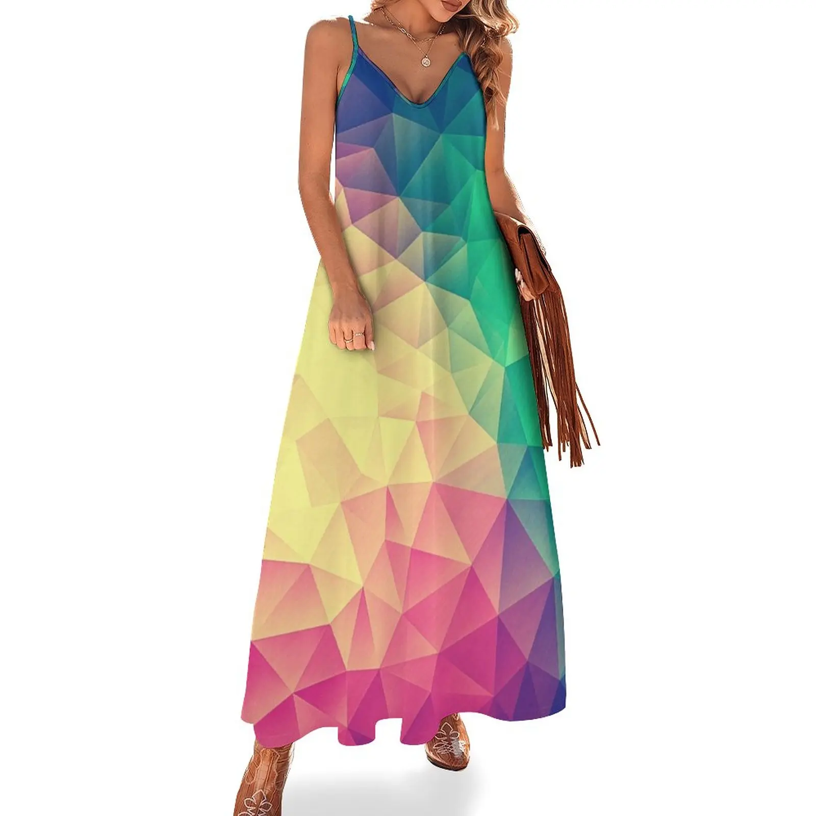 Vestido de graduación sin mangas, polígono abstracto, multicolor, cubismo, bajo, triángulo de polietileno, orgullo, diseño LGBT