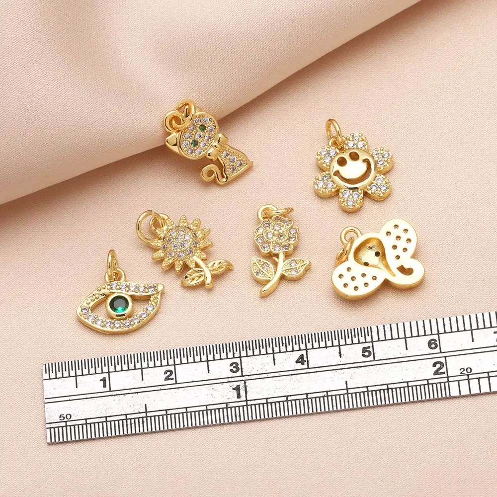 OCESRIO White Crystal Sunflower Charms for Bracelet Copper Gold Plated Cat Elephant Turkish Eye Jewelry Making Supplies chma273