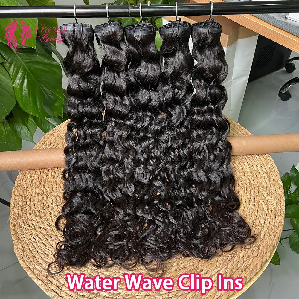 Raw Water Wave Clip in Hair Extensions Real Human Hair Curly Clip Ins for Women 7Pcs/100G Vietnamese Raw Human Hair Extensions