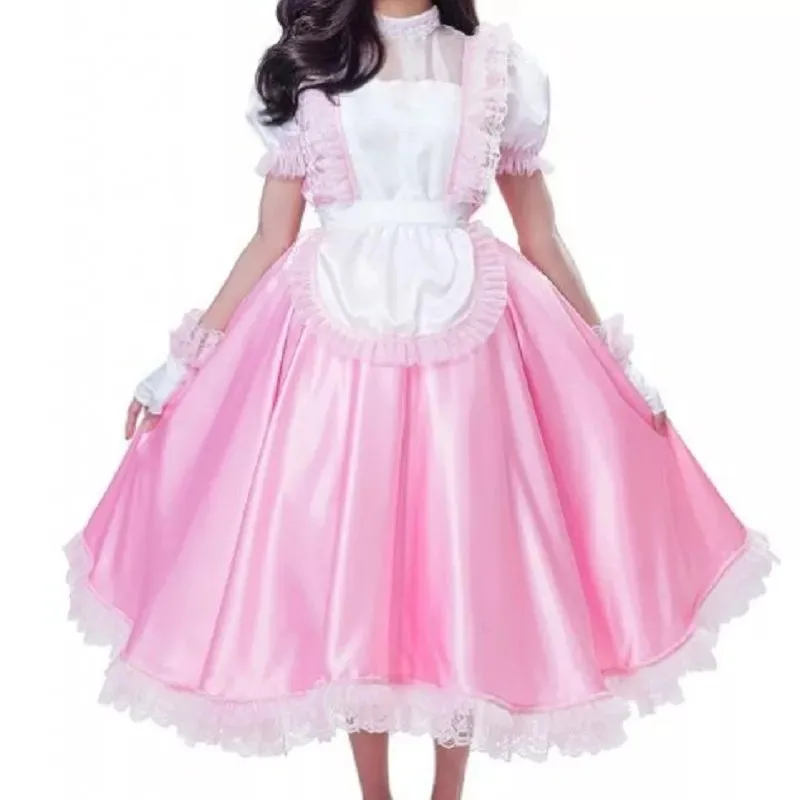 

Sissy Girly pink satin dress maid cosplay tailored