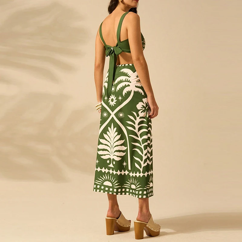 

Beach vacation leisure 2-piece women's sleeveless hollow out long skirt set summer pattern printed camisole and skirt set