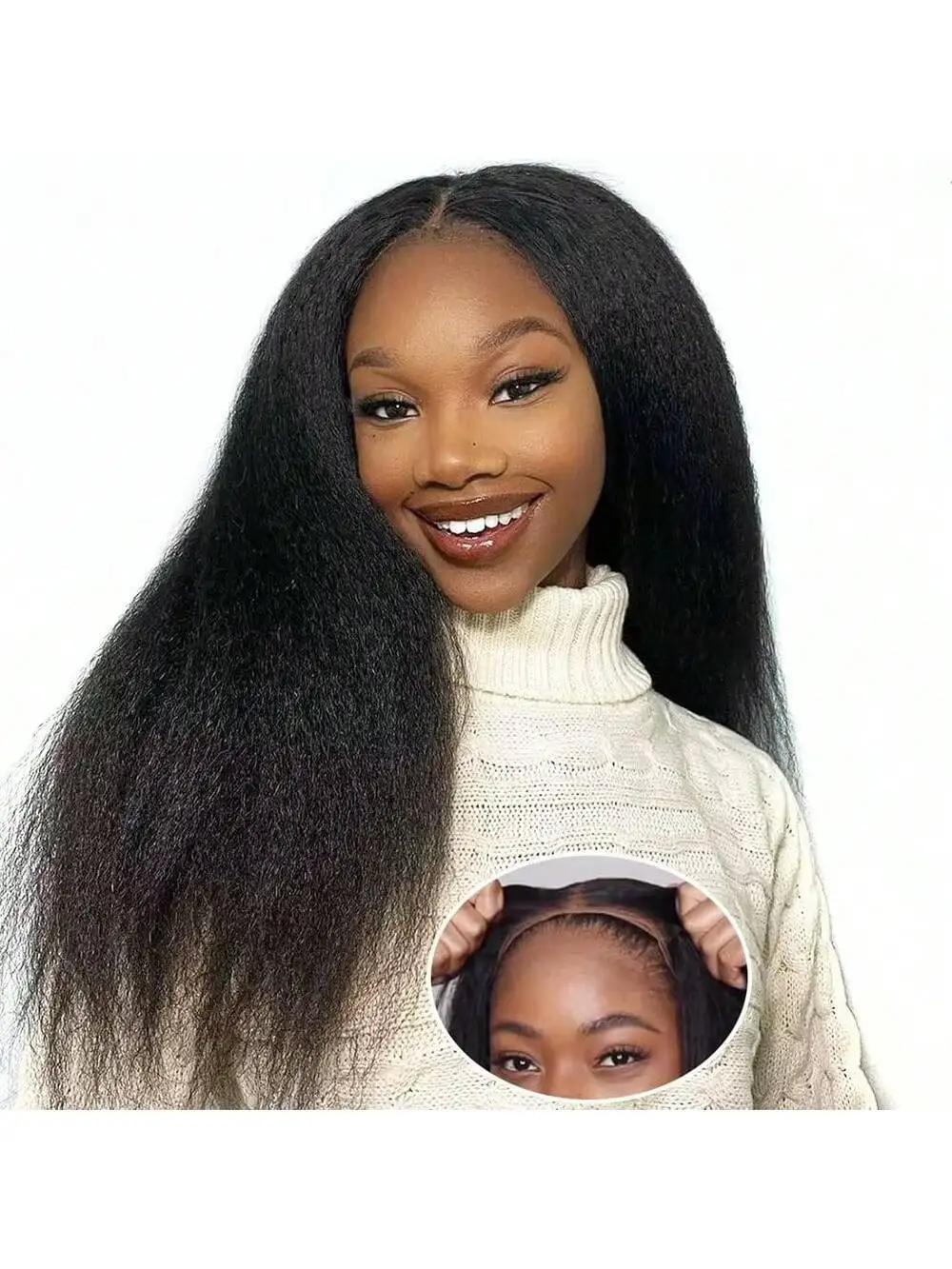 

34-дюймовый парик Yaki Straight без узлов, без клея, с естественной линией роста волос Kinky Edge, 4x4, предварительно нарезанный, с кружевной передней частью, из натуральных волос, предварительно проработанная линия роста волос