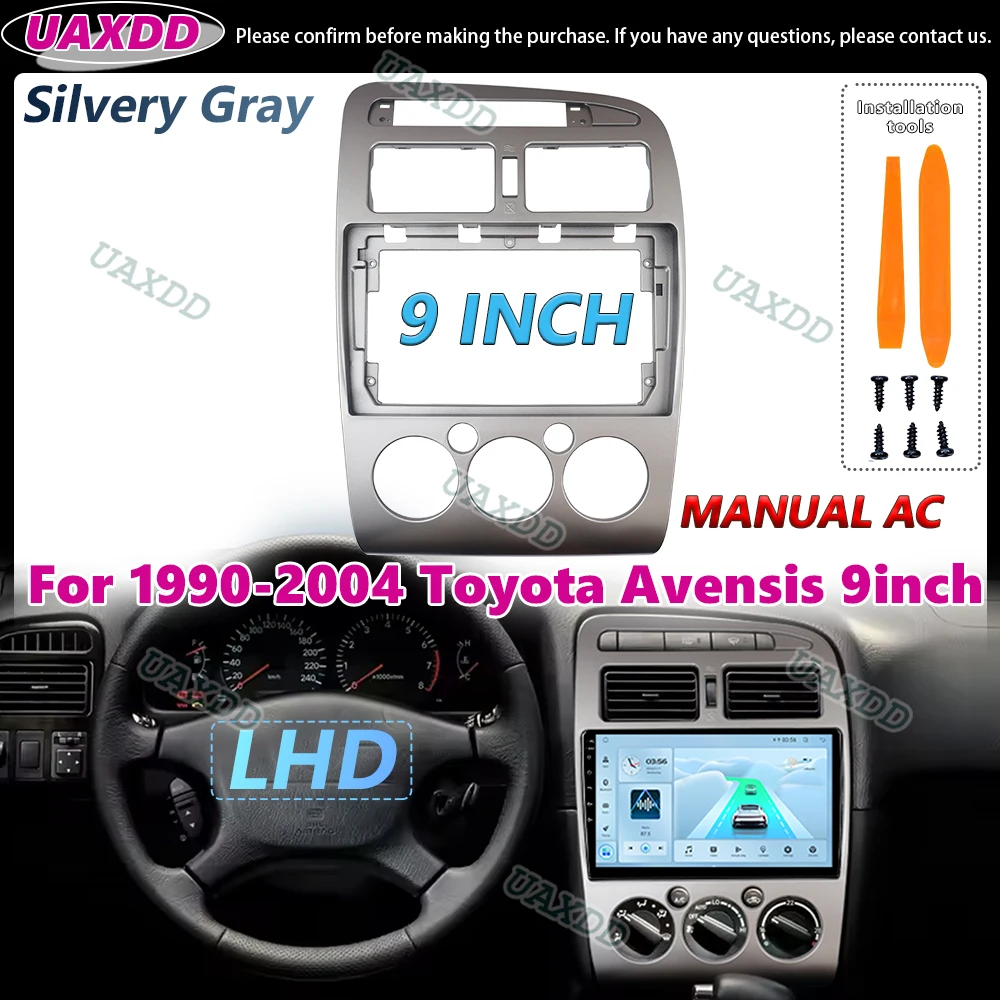 2 Din Car Frame Radio Android For 1990-2004 Toyota Avensis 9 Inch LHD Silvery Gray MANUAL AC Kit Panel Center Fascia Cable Video