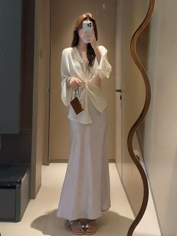 

Elegant Women's Fashion Summer 2026 Shirt Top Knot Thin Two-Piece Set High Waist Fish Tail Skirt Polyester Fiber Long Sleeve