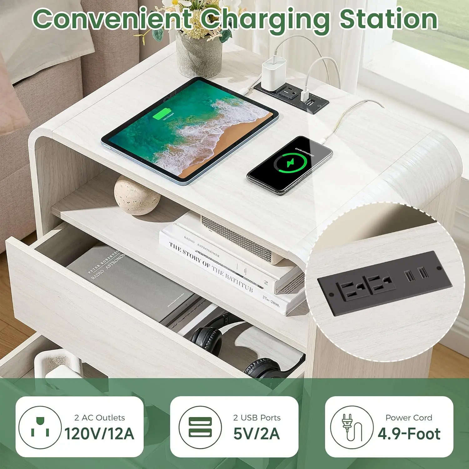 زوج من طاولات النوم الحديثة بعرض 23.2 مع قاعدة شحن وأدراج تخزين