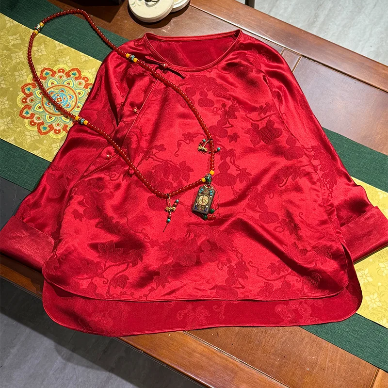 

High-end Spring Chinese New Year Jacquard Silk Coat Embroidery Women Elegant Loose Apricot and Red Coat S-XL