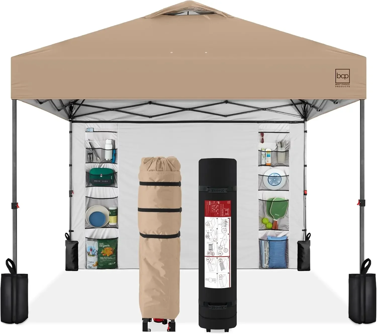 1110x10ft Easy Pop Up Canopy w/Side Wall, 10 Pockets, Portable Carrying Case, 1-Button Setup, 4 Weight Bags - Tan