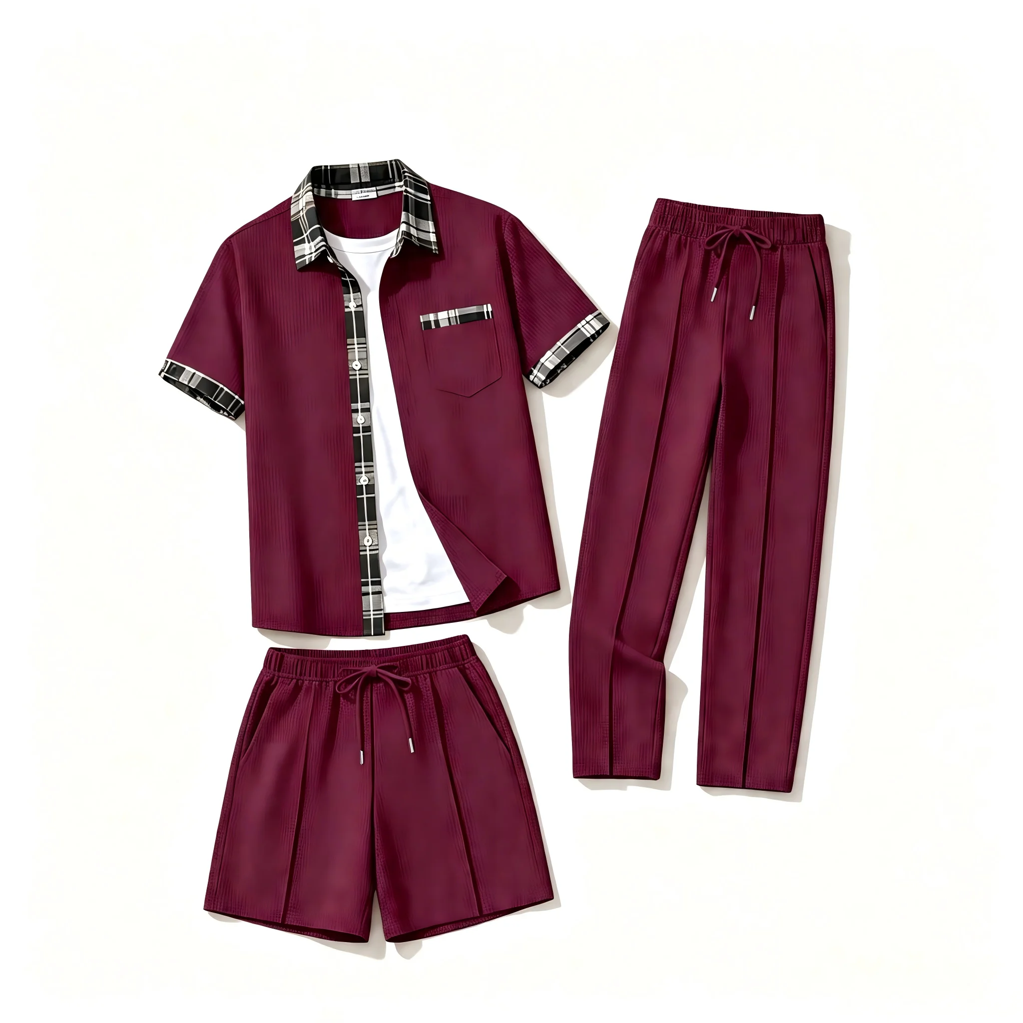Men'sWaffle 3-in-1 Outfit Set Plaid Trim Lapel Short Sleeve Shirt+Drawstring Long Pants & Shorts Summer Casual Two-Way Wear Suit