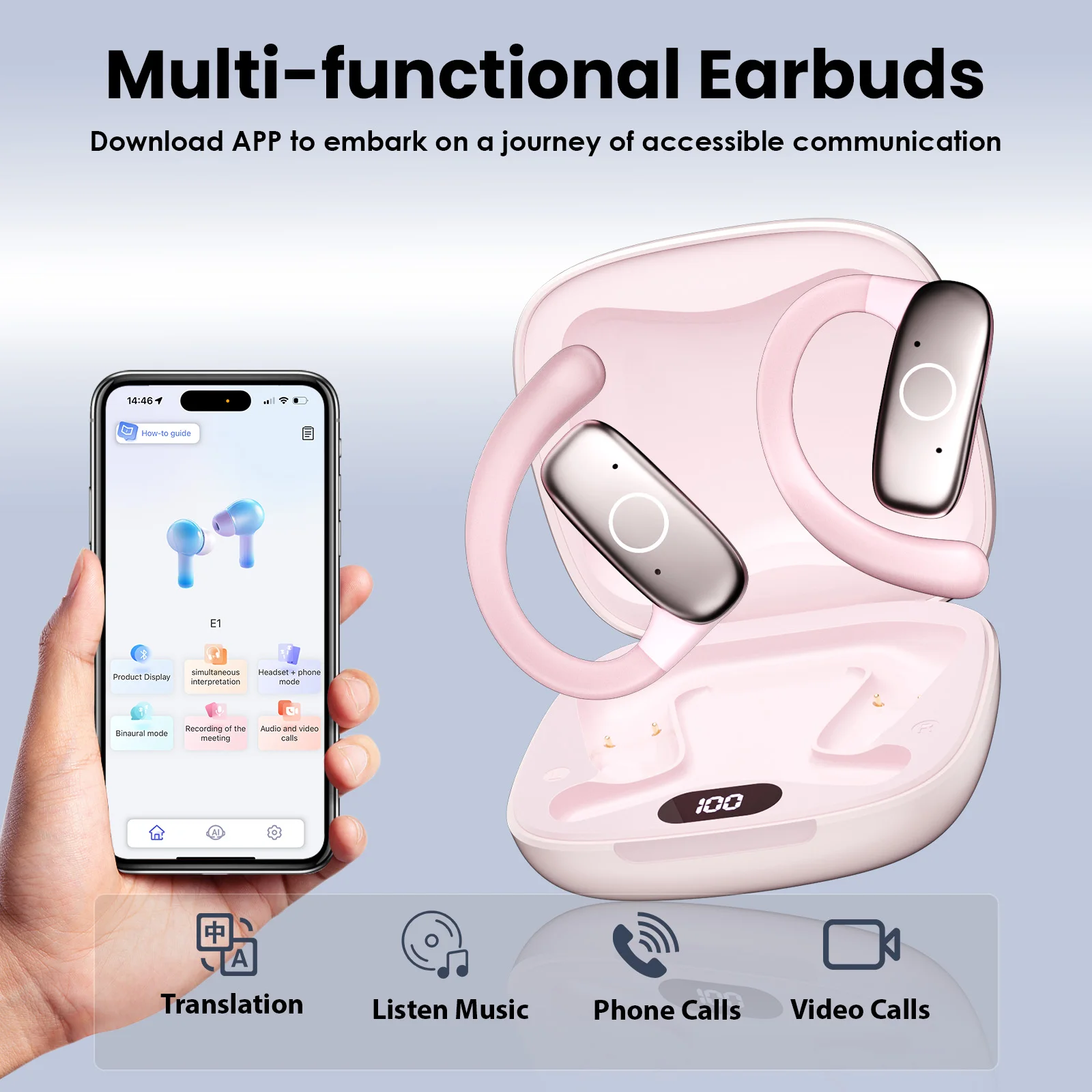 سماعات أذن ترجمة لغة الذكاء الاصطناعي مع 144 لغة في الوقت الحقيقي مترجم سماعة أذن OWS سماعات أذن للأعمال