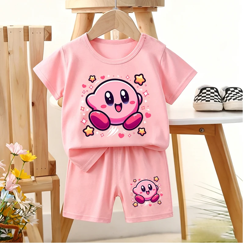 Cute Kirbys Girl Pajamas Set Summer Home Kids Sleepwear 2pcs Cartoon Printed Short Sleeve Tops Shorts Children Pyjamas Outfit