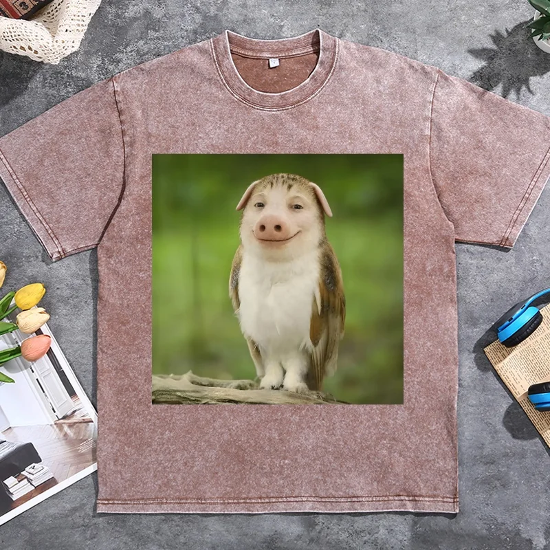 John Pork Meowl Funny Pig Owl Brainrot Meme T-Shirt Men Women Casual Vintage Washed Tshirts Oversized Harajuku Y2k Clothing