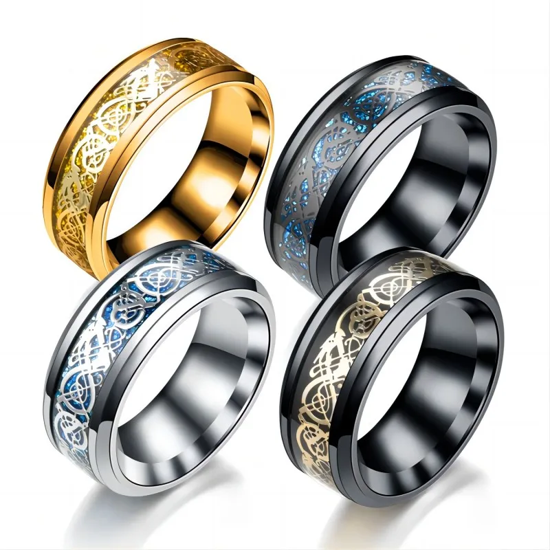 8mm Men's Stainless Steel Celtic Dragon Ring Inlay Red Green Black Carbon Fiber Wedding Band Jewelry Size 6-13