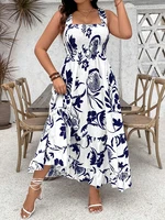 Vestido halter floral de talla grande para vacaciones, novedad de verano 2025, con dobladillo con volantes y busto fruncido, vestido de talla grande de poliéster
