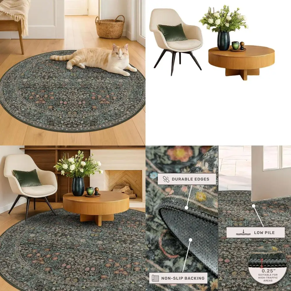 

6ft Durable Round Rug with Rubber Backing, Soft and Non-Slip, Dark Green Floral Design for Living Room, Bedroom, or Kitchen