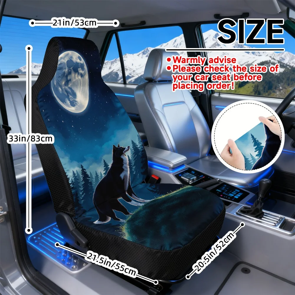 Set Of 2 Front Seat Covers Featuring A Wolf Design Under A Full Moon, Made From Soft Material, Machine Washable, And Easy To Mai