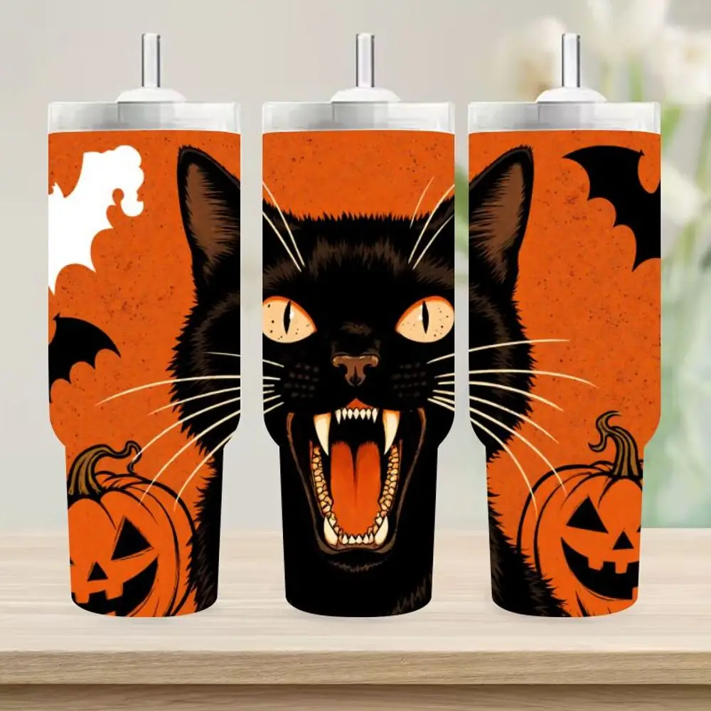 

1PC 40oz Black Cat Halloween Insulated Mug, Spooky Pumpkin & Bat Coffee Mug, Double-Wall Travel Mug, Men Women Halloween Gift, C