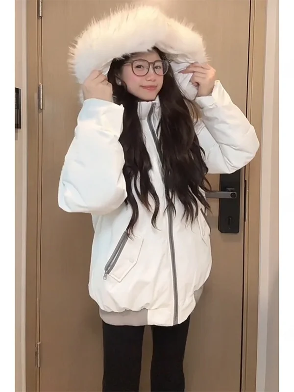 American Retro Hooded Fur Collar Cotton Jacket Winter Thickened Warm Workwear Cotton Coat Bread Outerwear Loose Fit Zipper