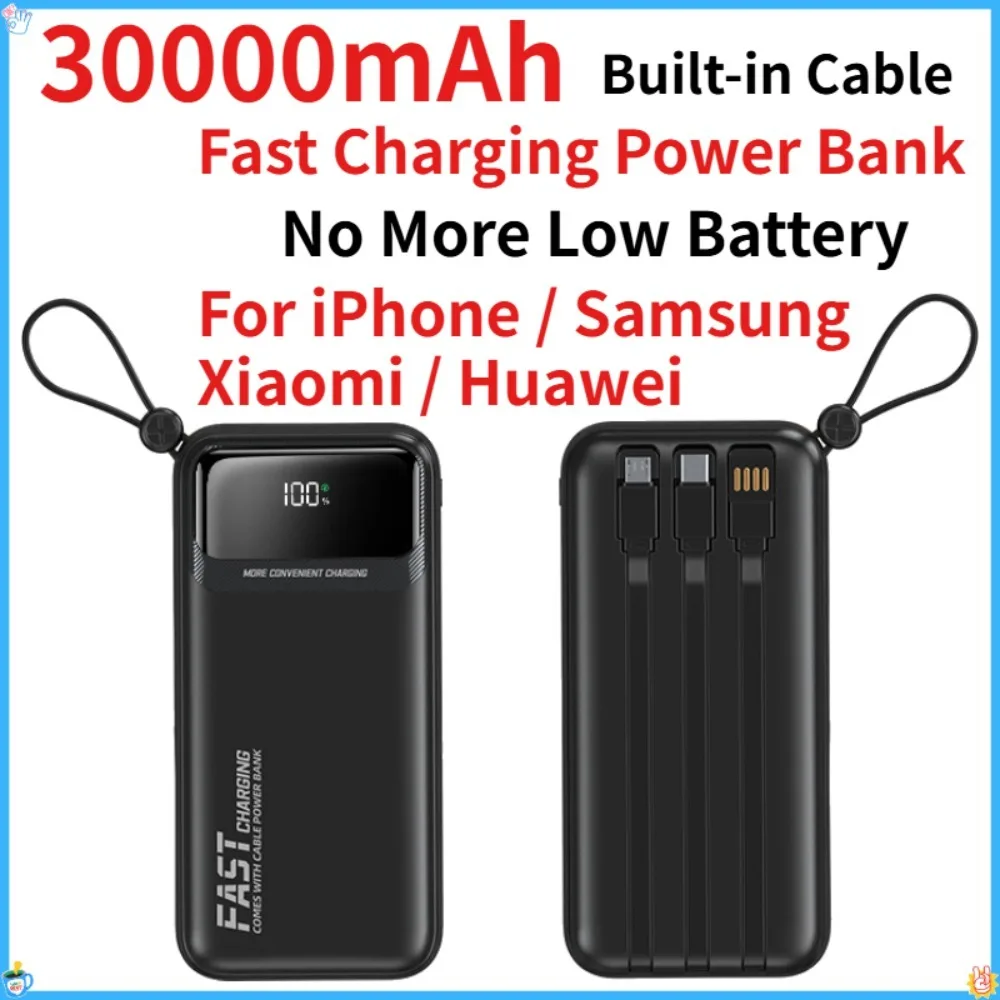 30000mAh Power Bank Built in Cable Fast Charging Portable External Battery Pack for iPhone 16 15 14 Samsung S25 S24 Xiaomi Huawe