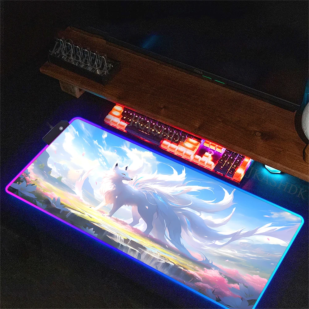 RGB Mousepad Pc Computer Accessories LED Backlight Desk Mat Lock Edge Deskmat Anime Kawaii Fox Large Keyboard Gaming Mouse Pad