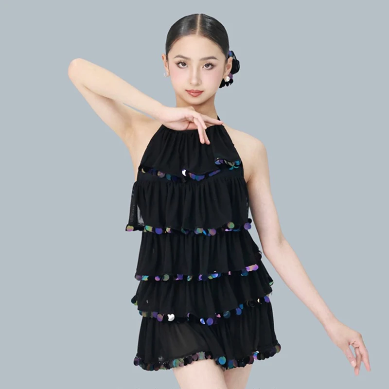 Meninas vestido de dança latina desempenho traje lantejoulas plissado vestido azul preto competição crianças cha cha rumba vestido dnv24713