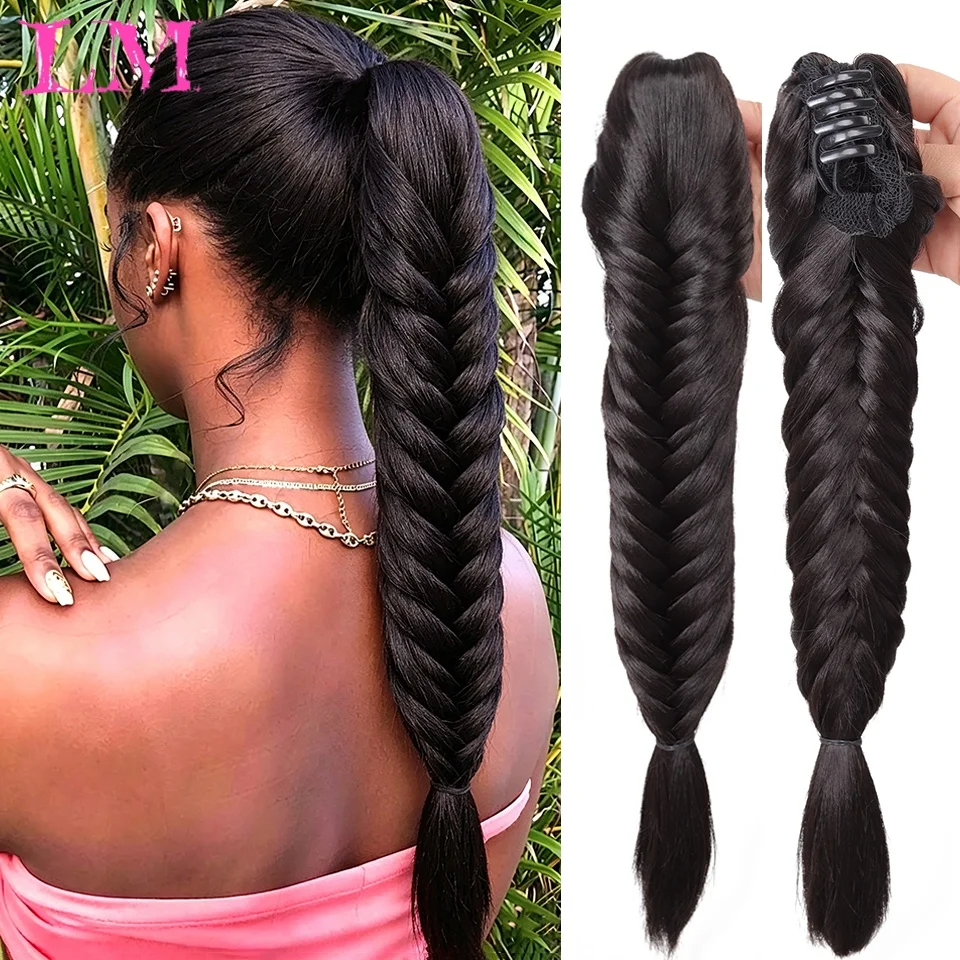LM Synthetic Thick Fishtail Braid Claw Clip Ponytail Handmade Fishbone Fake Braided Ponytail Hair Extension for Daily Styling