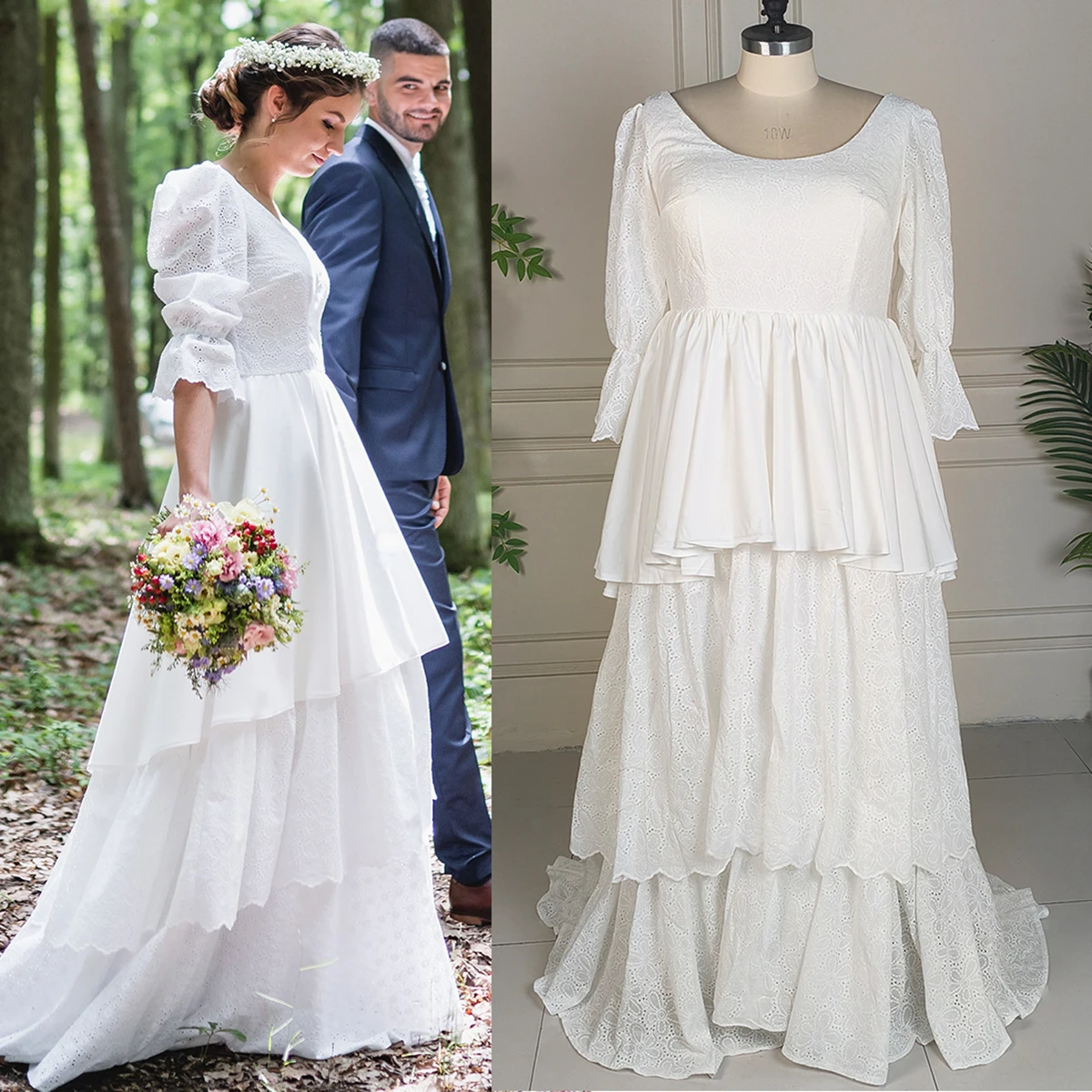 Three Quarter Sleeves Scoop Neck Bridal Gowns Tiered Cutout Lace Customized Closure Manor Style Classic Pre Order Wedding Dress
