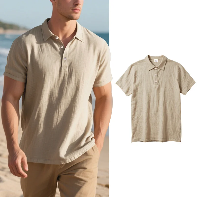 2025 Daily Casual Short Sleeve Linen Polo Shirt Mens Fashion Buttoned turn-down collar Shirt Summer Leisure beach men Polo Shirt