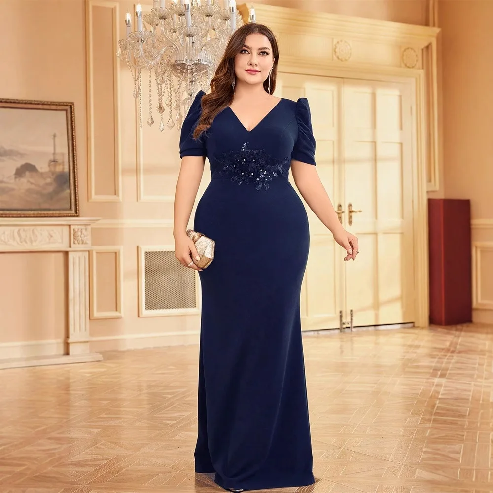 Plus Size Navy V Neck Puff Short Sleeve Floral Beaded Waist Mermaid Maxi Dress Solid Stretch Formal Mother of Bride Evening