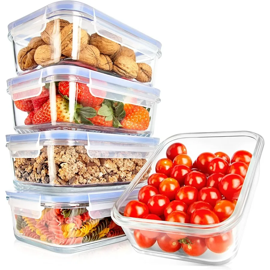 

NutriChef 10Piece Superior Glass Food Storage Containers Set 5 Containers + 5 Locking Lids Stackable Mealprep Design BPAfree Ai
