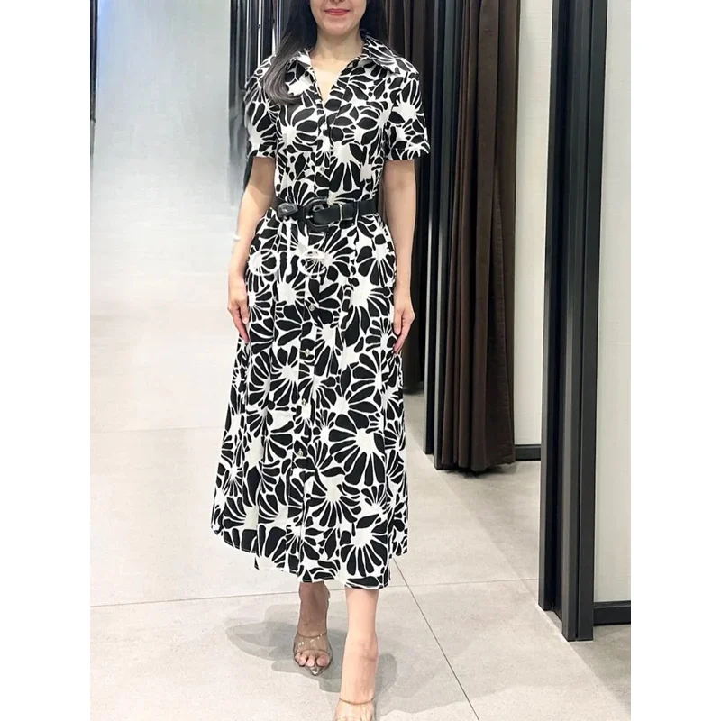 빈티지 플로럴 프린트 우아한 벨트 여성 라펠 버튼 드레스 반팔 패션 휴가 셔츠 드레스