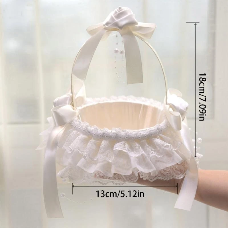 G92C Wedding Flower Girl Baskets with Flower Handle Lace Ruffle Bowknot Flower Basket