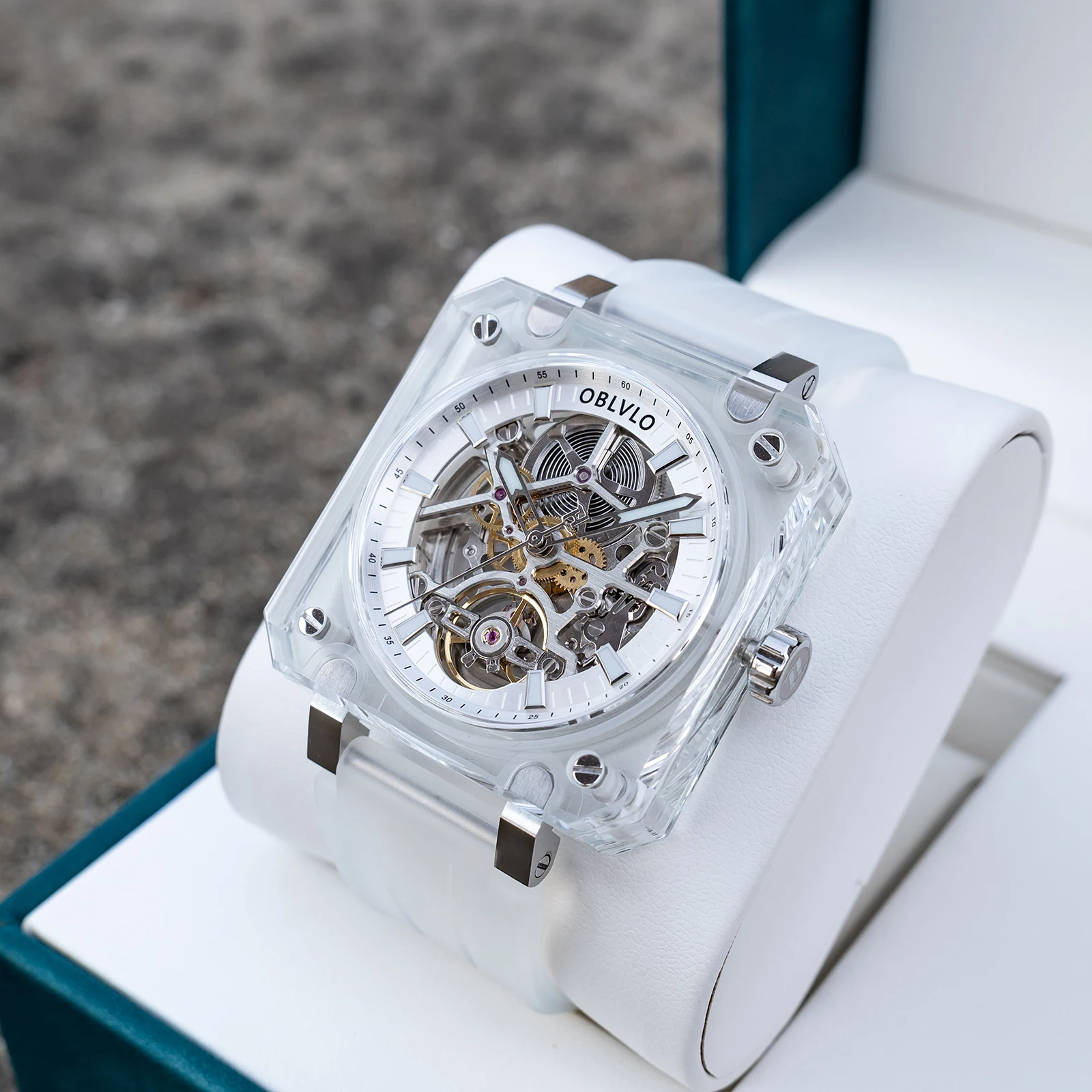 OBLVLO ساعة أوتوماتيكية للرجال مربعة الشكل من الأكريليك ساعة يد ميكانيكية 5ATM مقاومة للماء ياقوت مضيئة هيكل عظمي قرص 1A00 Mov.