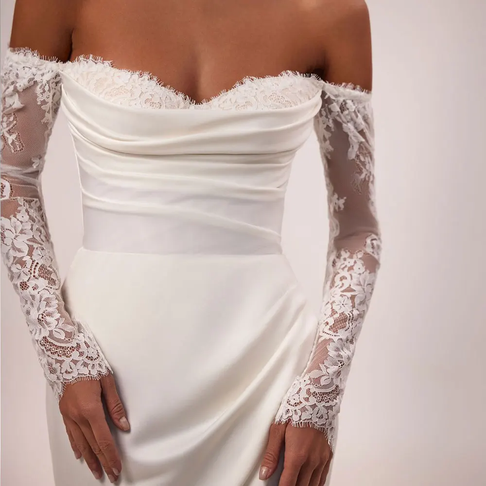 Eleganckie satynowe suknie ślubne typu syrena z koronką dla panny młodej, z długim rękawem, Vestidos Novia, plażowe suknie ślubne z dekoltem w serduszko i trenem.