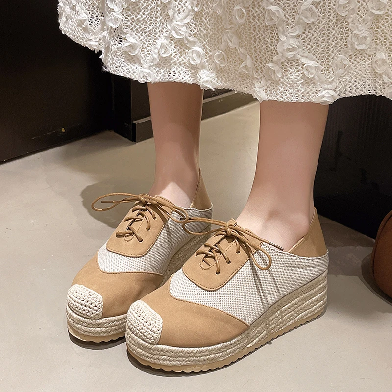 

Mixed Color Espadrilles Wedge Shoes for Women Fashion Braided Thick Sole Fisherman Shoes Woman Lace Up Casual Platform Sneakers