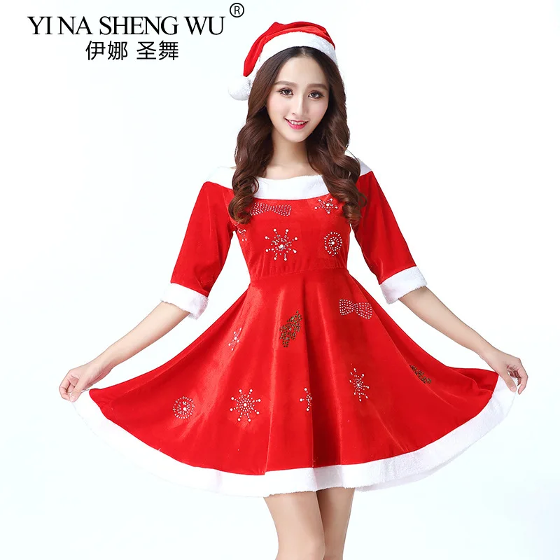 Christmas Santa Claus Performance Round Neck Dress Hooded With Belt Bodycon Dress Skirt and Hat 2-piece Red Women Clothing Party