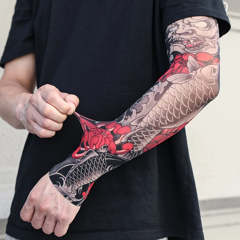 Tattoo Ice Sleeve Koi Dragon Tiger Fox Character Breathable Nylon Arm Covers Stretchable Cycling Driving Fishing Outdoor Unisex