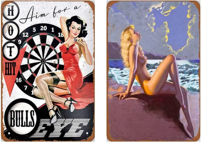 Dmxplus Metal Sign Set of 2 Tin Signs 8 x 12inches - Beach Sexy Pinup Girl Vintage Look Wall Decoration Bar Cafe Home Decor Plaq