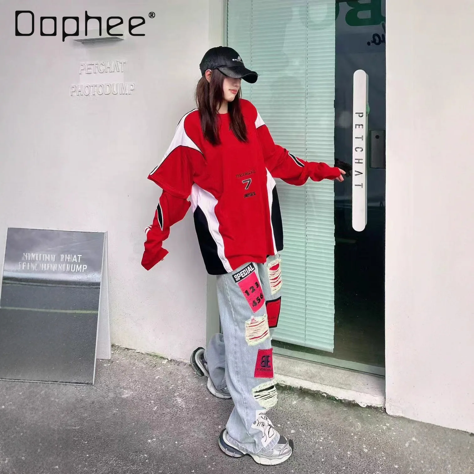 

Женская футболка в европейском стиле, осенне-осенний новый персонализированный топ средней длины с красными буквами и вышивкой на рукавах на молнии