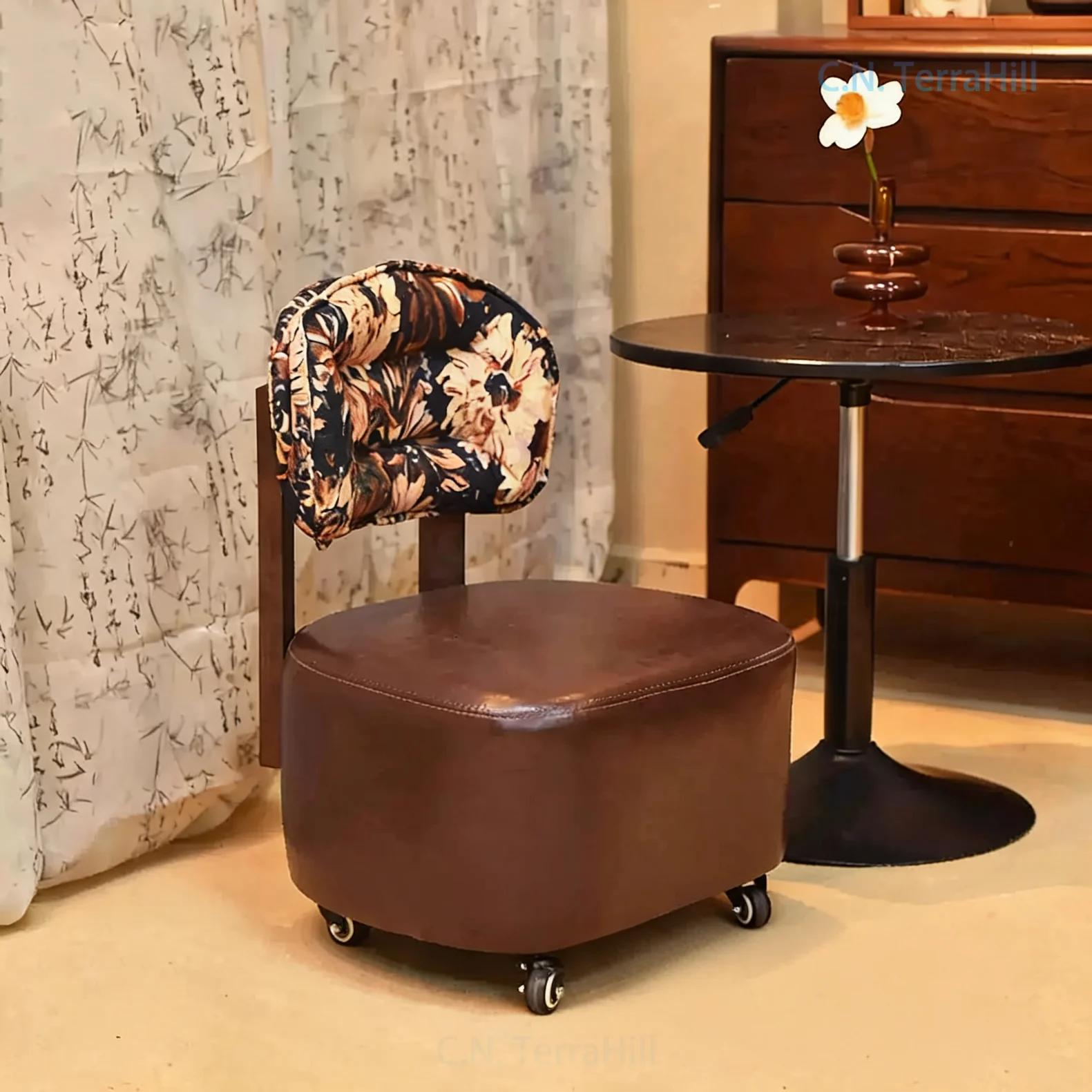 Rotating Shoe Bench with Backrest Solid Wood Swivel Sofa Stool Universal Wheels Jacquard Living Room Home Entryway